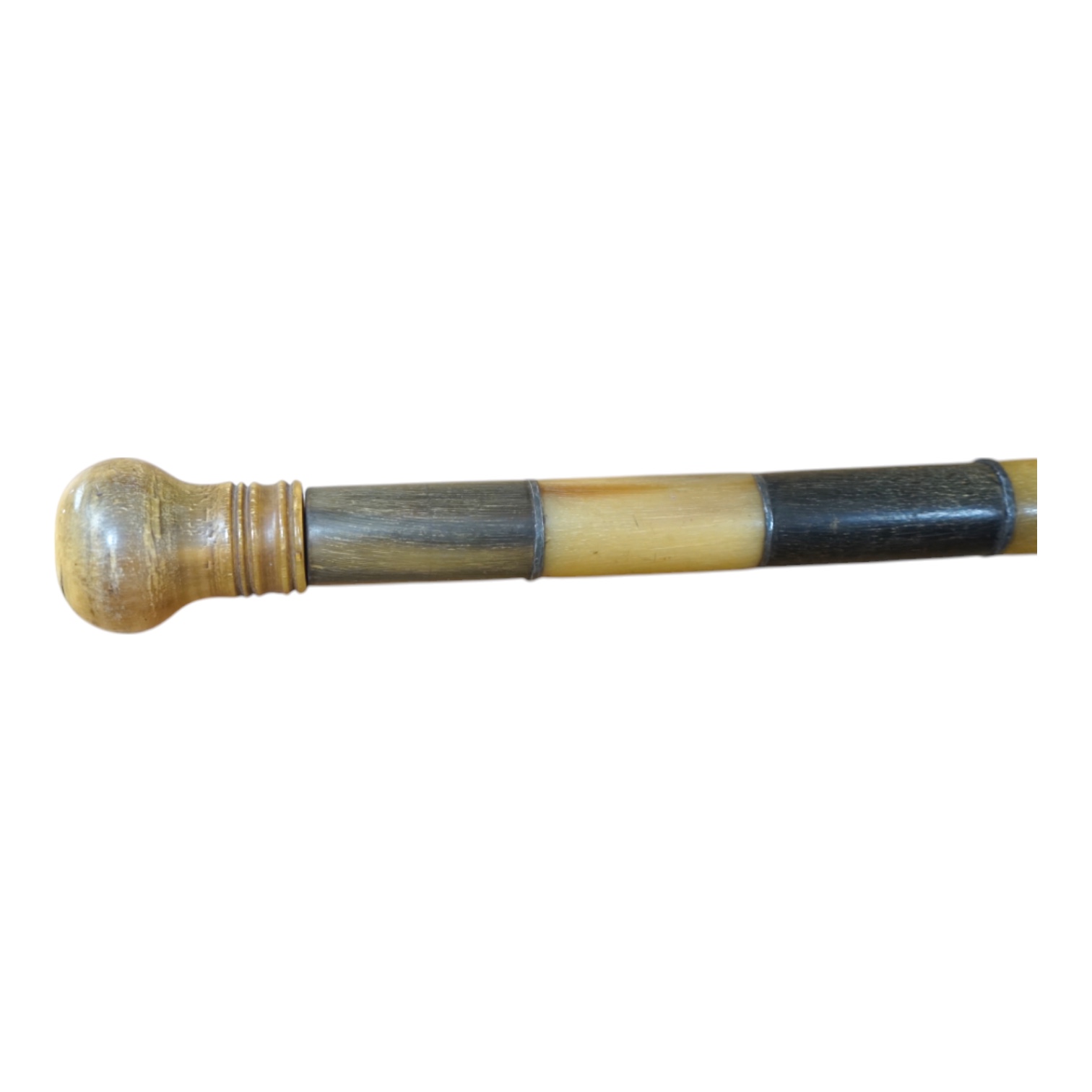 An African two colour banded horn walking stick with turned handle, 87cm in length. Condition - fair, bowed